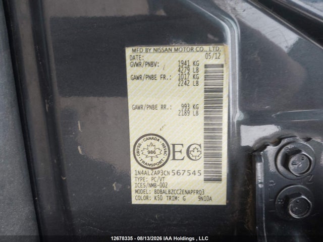 Продажа на аукционе авто 2012 Nissan Altima, vin: 1N4AL2AP3CN567545, номер лота: 12678335