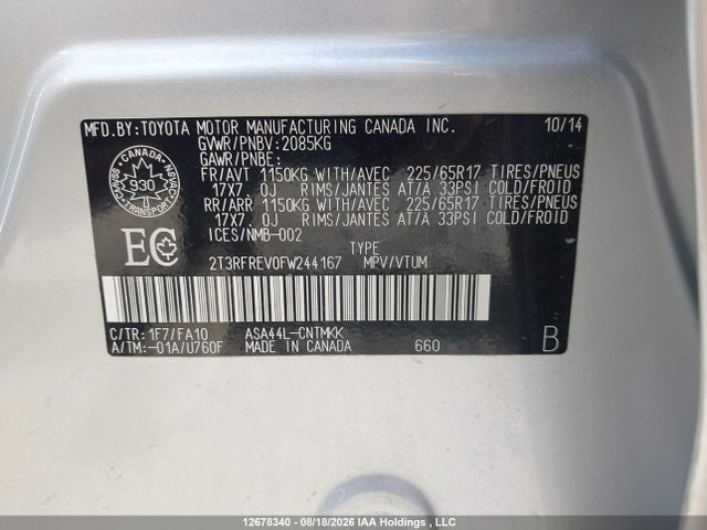 2T3RFREV0FW244167 Toyota Rav4 Xle
