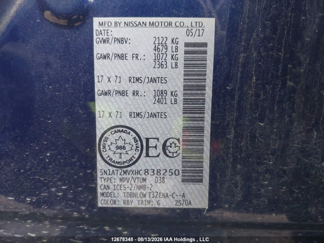 Продажа на аукционе авто 2017 Nissan Rogue S/sl Platinum/sv, vin: 5N1AT2MVXHC838250, номер лота: 12678348