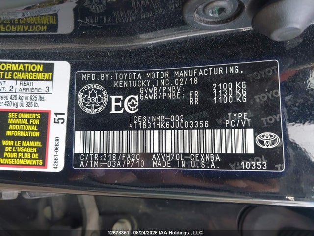 Продажа на аукционе авто 2018 Toyota Camry Hybrid Le, vin: 4T1B31HK6JU003356, номер лота: 12678351