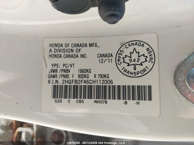 Продаж на аукціоні авто 2012 Honda Civic Lx, vin: 2HGFB2F46CH112006, номер лоту: 12678354