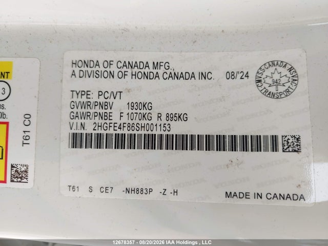 2HGFE4F86SH001153 Honda Civic Sport Hybrid/sport Touring Hybrid