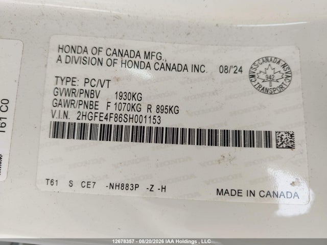 2HGFE4F86SH001153 Honda Civic Sport Hybrid/sport Touring Hybrid