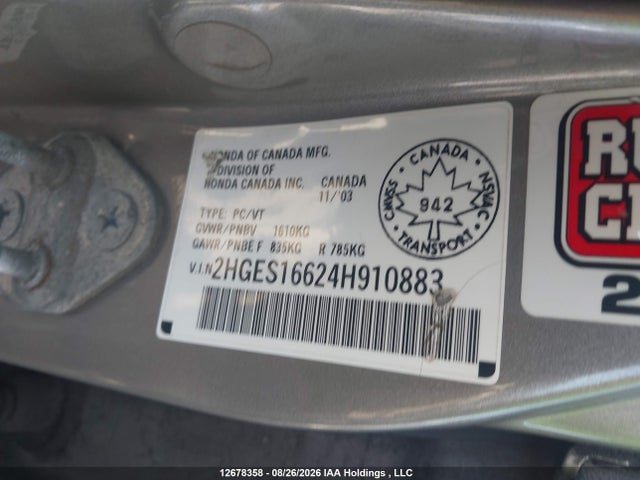 2004 Honda Civic Lx მანქანა იყიდება აუქციონზე, vin: 2HGES16624H910883, აუქციონის ნომერი: 12678358