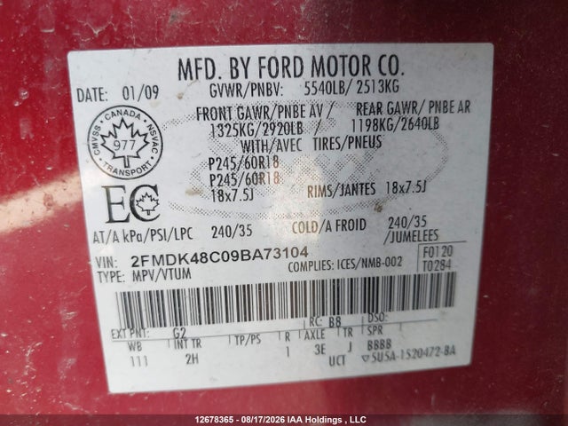 2009 Ford Edge Sel მანქანა იყიდება აუქციონზე, vin: 2FMDK48C09BA73104, აუქციონის ნომერი: 12678365