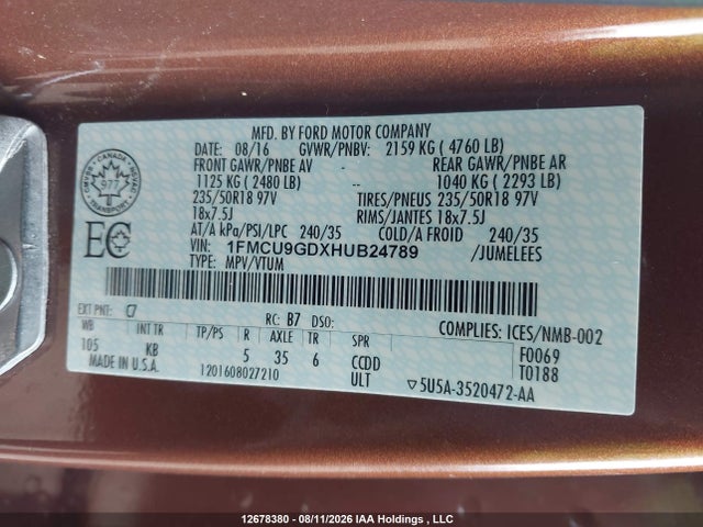 Aukcja sprzedaży 2017 Ford Escape Se, vin: 1FMCU9GDXHUB24789, numer aukcji: 12678380