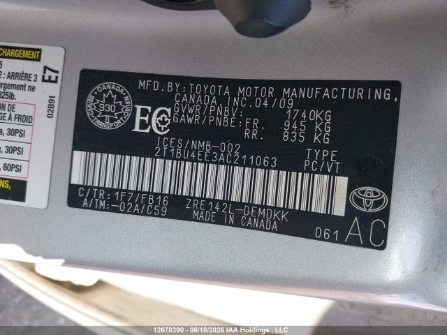 12678390 :رقم المزاد ، 2T1BU4EE3AC211063 vin ، 2010 Toyota Corolla S/le/xle مزاد بيع