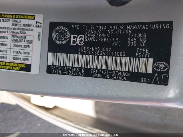 12678390 :رقم المزاد ، 2T1BU4EE3AC211063 vin ، 2010 Toyota Corolla S/le/xle مزاد بيع