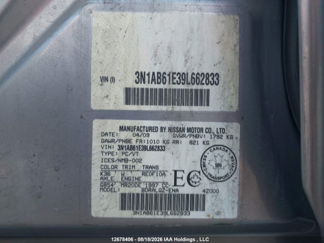 12678406 :رقم المزاد ، 3N1AB61E39L662833 vin ، 2009 Nissan Sentra 2.0/2.0s/2.0sl مزاد بيع