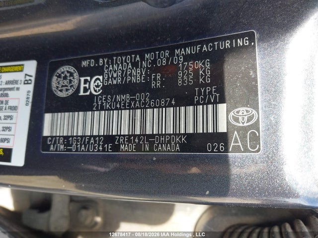 12678417 :رقم المزاد ، 2T1KU4EEXAC260874 vin ، 2010 Toyota Matrix مزاد بيع