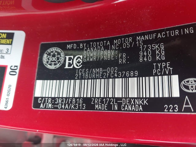 12678419 :رقم المزاد ، 2T1BURHE2FC437689 vin ، 2015 Toyota Corolla L/le/le Pls/prm/s/s Pls مزاد بيع