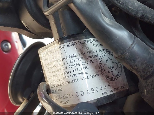Продаж на аукціоні авто 2012 Kawasaki Ex250 J, vin: JKAEXMJ11CDAB0445, номер лоту: 12678420