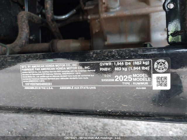 2025 Honda Sxs520 M2 მანქანა იყიდება აუქციონზე, vin: 1HFVE0766S4000281, აუქციონის ნომერი: 12678421