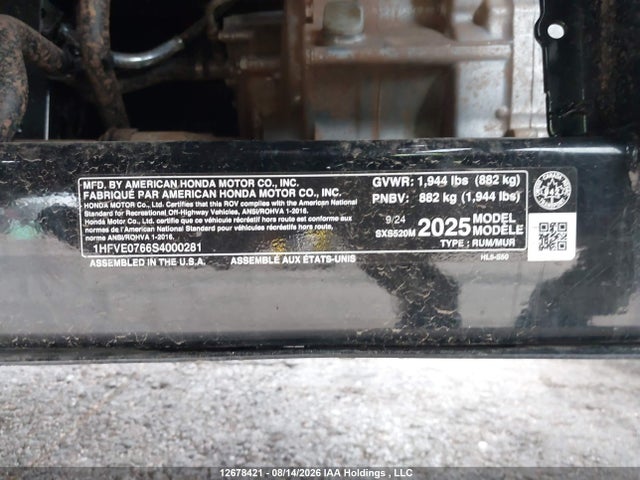 2025 Honda Sxs520 M2 მანქანა იყიდება აუქციონზე, vin: 1HFVE0766S4000281, აუქციონის ნომერი: 12678421