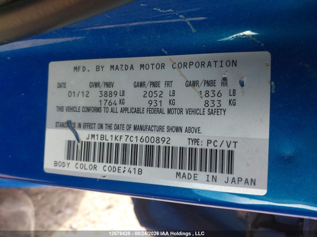 Aukcja sprzedaży 2012 Mazda Mazda3 Gx, vin: JM1BL1KF7C1600892, numer aukcji: 12678428