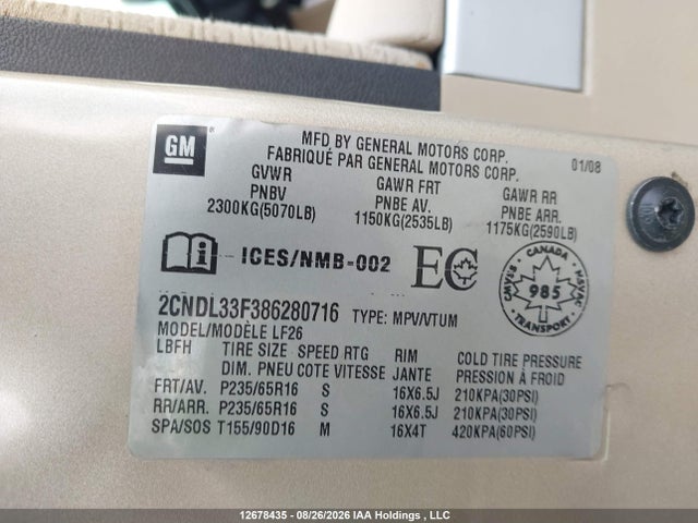 2008 Chevrolet Equinox მანქანა იყიდება აუქციონზე, vin: 2CNDL33F386280716, აუქციონის ნომერი: 12678435