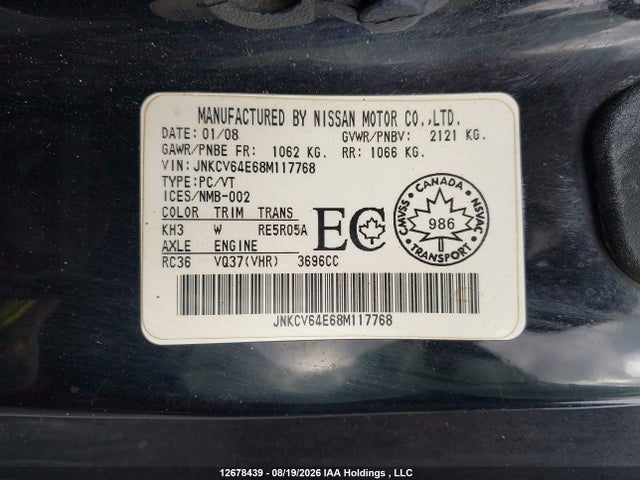 Продаж на аукціоні авто 2008 Infiniti G37 Journey, vin: JNKCV64E68M117768, номер лоту: 12678439
