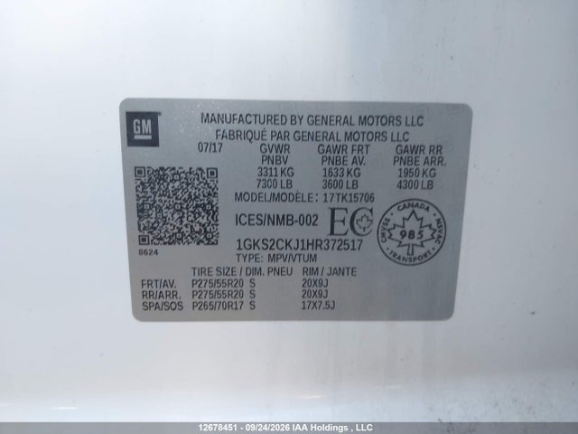12678451 :رقم المزاد ، 1GKS2CKJ1HR372517 vin ، 2017 Gmc Yukon Denali Denali مزاد بيع