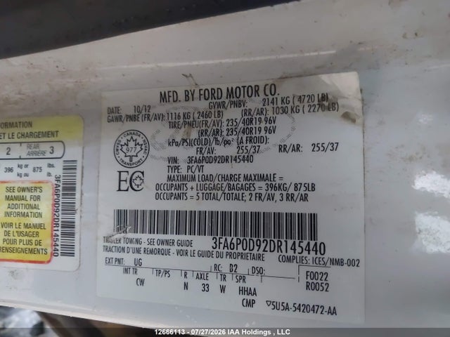Продаж на аукціоні авто 2013 Ford Fusion Titanium, vin: 3FA6P0D92DR145440, номер лоту: 12666113