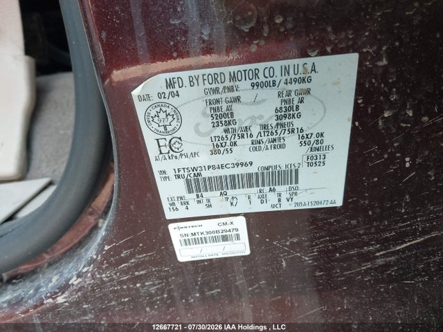 12667721 :رقم المزاد ، 1FTSW31P84EC39969 vin ، 2004 Ford F-350 Lariat/xl/xlt مزاد بيع