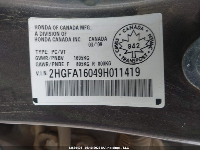 Продаж на аукціоні авто 2009 Honda Civic Ex-l, vin: 2HGFA16049H011419, номер лоту: 12669401