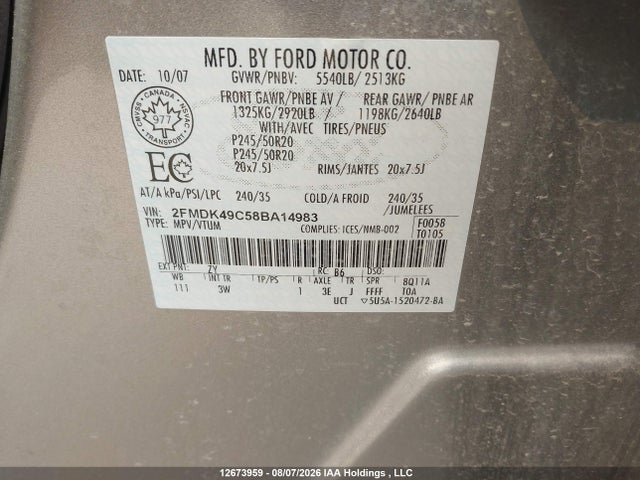 Aukcja sprzedaży 2008 Ford Edge Limited, vin: 2FMDK49C58BA14983, numer aukcji: 12673959