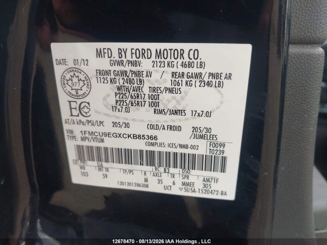 Продаж на аукціоні авто 2012 Ford Escape Limited, vin: 1FMCU9EGXCKB85366, номер лоту: 12678470