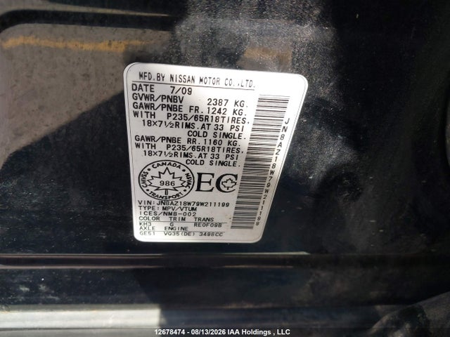 Aukcja sprzedaży 2009 Nissan Murano S/sl/le, vin: JN8AZ18W79W211199, numer aukcji: 12678474