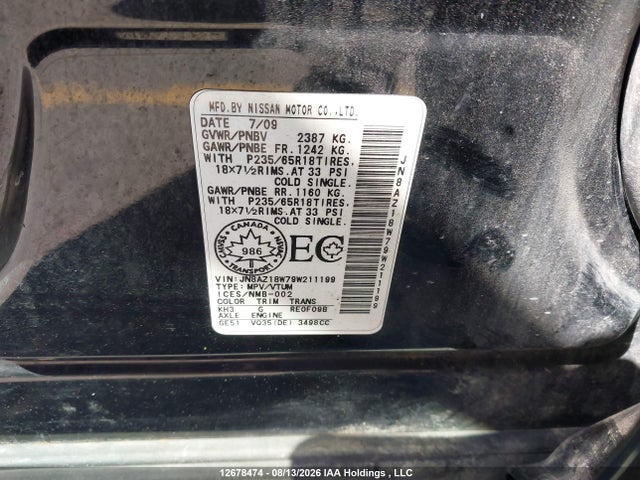 Aukcja sprzedaży 2009 Nissan Murano S/sl/le, vin: JN8AZ18W79W211199, numer aukcji: 12678474