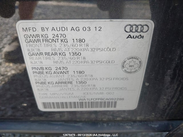 2012 Audi Q5 2.0t Premium მანქანა იყიდება აუქციონზე, vin: WA1LFCFP8CA092288, აუქციონის ნომერი: 12678478