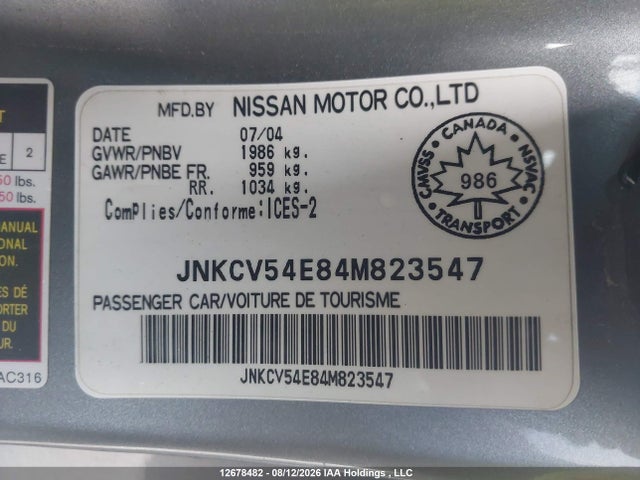12678482 :رقم المزاد ، JNKCV54E84M823547 vin ، 2004 Infiniti G35 مزاد بيع