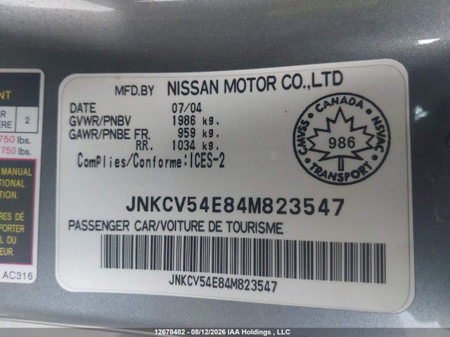 12678482 :رقم المزاد ، JNKCV54E84M823547 vin ، 2004 Infiniti G35 مزاد بيع
