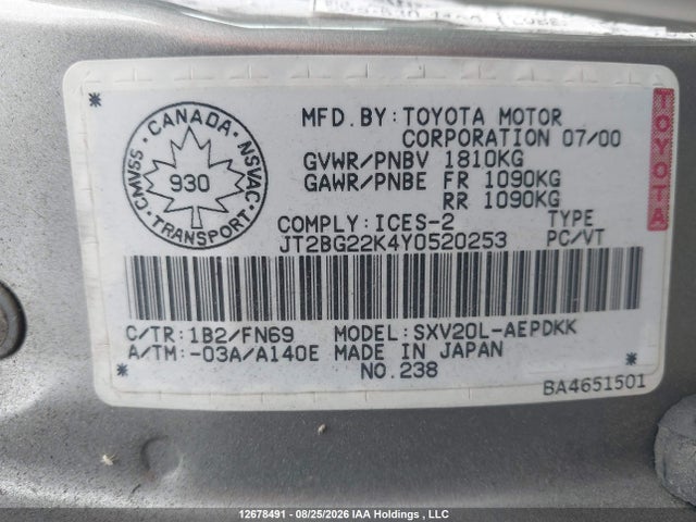 12678491 :رقم المزاد ، JT2BG22K4Y0520253 vin ، 2000 Toyota Camry Ce/le/xle مزاد بيع
