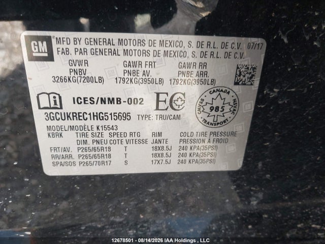 3GCUKREC1HG515695 Chevrolet Silverado K1500 Lt