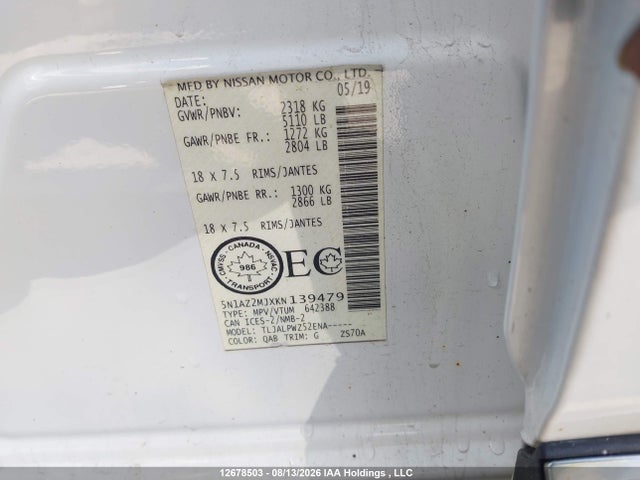 12678503 :رقم المزاد ، 5N1AZ2MJXKN139479 vin ، 2019 Nissan Murano مزاد بيع