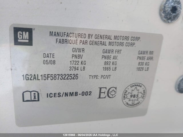 Продажа на аукционе авто 2008 Pontiac G5 Se, vin: 1G2AL15F587322526, номер лота: 12615966