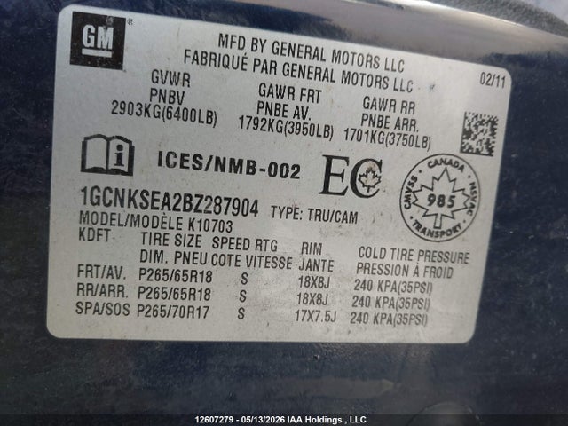 2011 Chevrolet Silverado 1500 Lt მანქანა იყიდება აუქციონზე, vin: 1GCNKSEA2BZ287904, აუქციონის ნომერი: 12607279