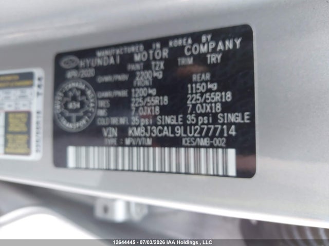 12644445 :رقم المزاد ، KM8J3CAL9LU277714 vin ، 2020 Hyundai Tucson Luxury مزاد بيع