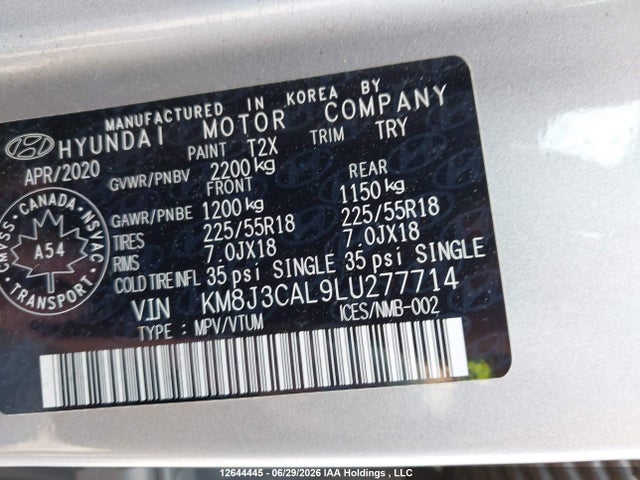 Продажа на аукционе авто 2020 Hyundai Tucson Luxury, vin: KM8J3CAL9LU277714, номер лота: 12644445