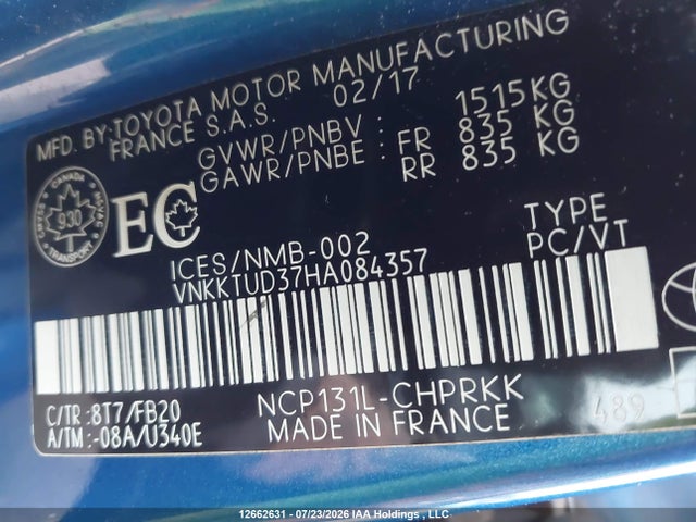 2017 Toyota Yaris Le მანქანა იყიდება აუქციონზე, vin: VNKKTUD37HA084357, აუქციონის ნომერი: 12662631