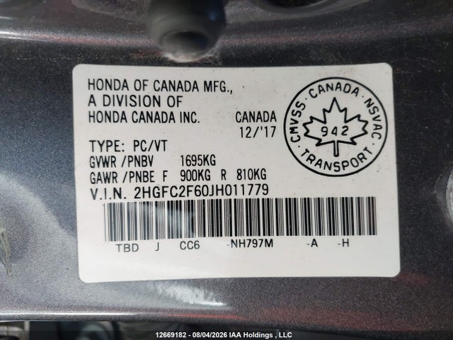 Продажа на аукционе авто 2018 Honda Civic Se, vin: 2HGFC2F60JH011779, номер лота: 12669182