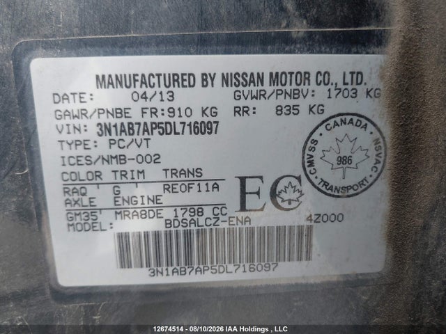 Aukcja sprzedaży 2013 Nissan Sentra 1.8 S/1.8 Sv, vin: 3N1AB7AP5DL716097, numer aukcji: 12674514