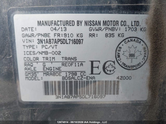 Aukcja sprzedaży 2013 Nissan Sentra 1.8 S/1.8 Sv, vin: 3N1AB7AP5DL716097, numer aukcji: 12674514