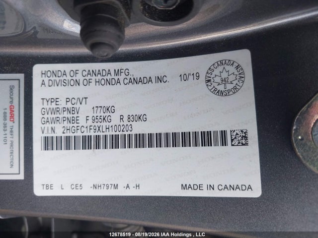 Aukcja sprzedaży 2020 Honda Civic Touring, vin: 2HGFC1F9XLH100203, numer aukcji: 12678519