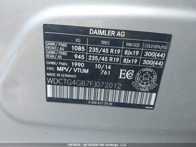 Aukcja sprzedaży 2015 Mercedes-benz Gla 250 4matic, vin: WDCTG4GB7FJ072012, numer aukcji: 12678524