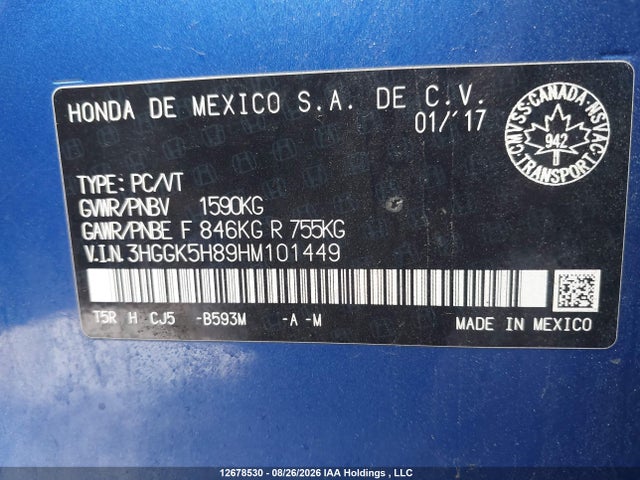 Honda Fit Ex/exl 2017 3HGGK5H89HM101449 Image 9