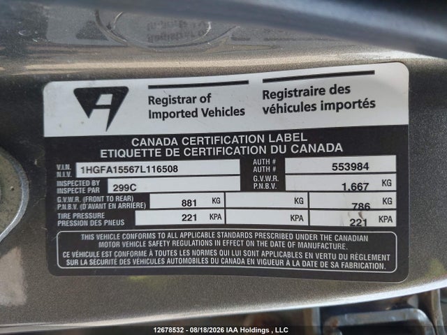 Продаж на аукціоні авто 2007 Honda Civic Lx, vin: 1HGFA15567L116508, номер лоту: 12678532