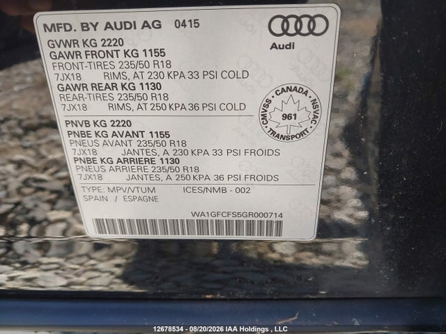 2016 Audi Q3 Prestige მანქანა იყიდება აუქციონზე, vin: WA1GFCFS5GR000714, აუქციონის ნომერი: 12678534