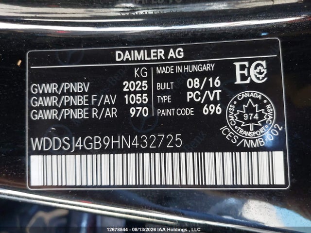 12678544 :رقم المزاد ، WDDSJ4GB9HN432725 vin ، 2017 Mercedes-benz Cla 250 4matic مزاد بيع