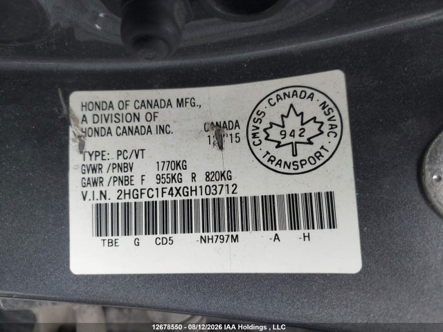 12678550 :رقم المزاد ، 2HGFC1F4XGH103712 vin ، 2016 Honda Civic Ex-t مزاد بيع
